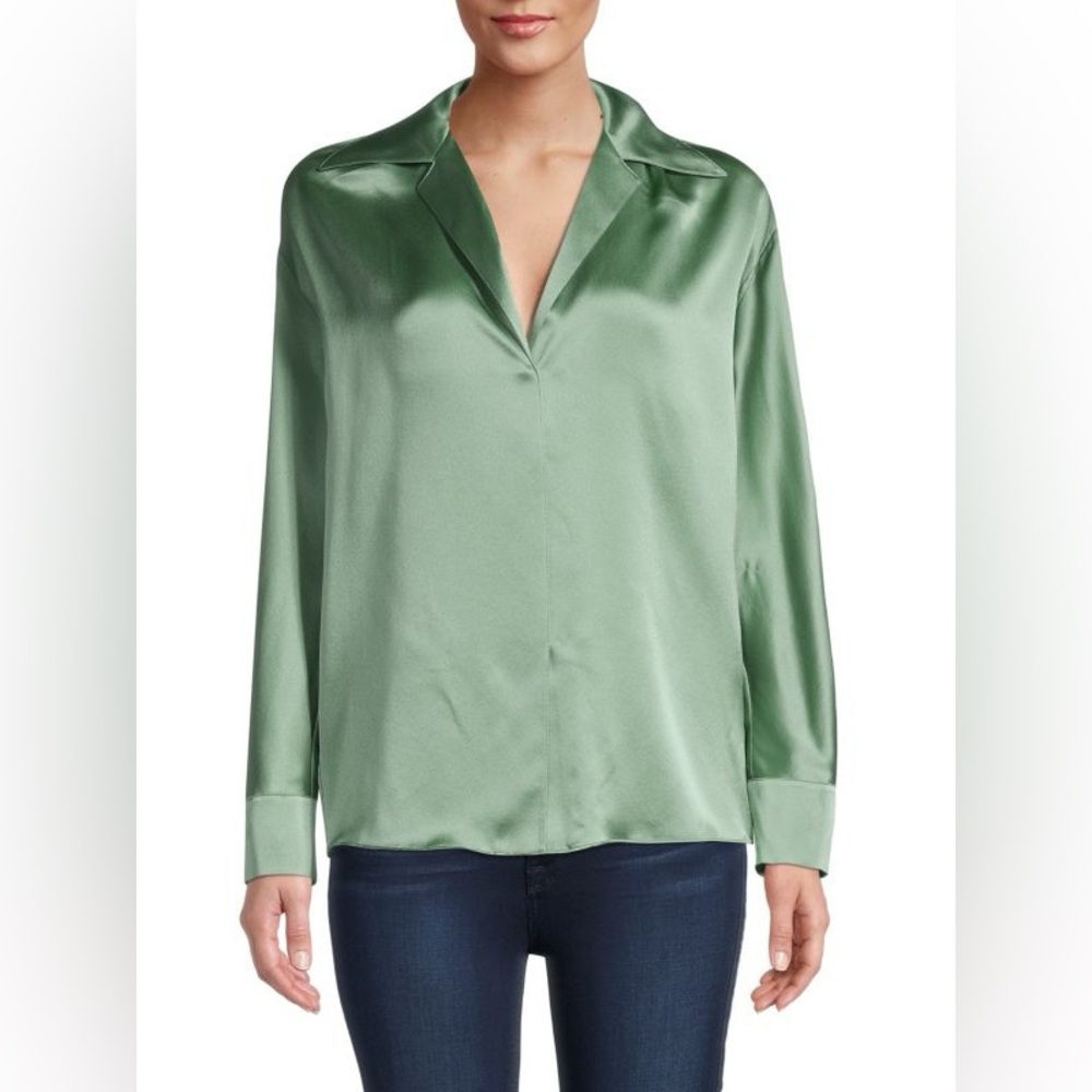 Vince Green Notch-Collar Silk Blouse, XXL